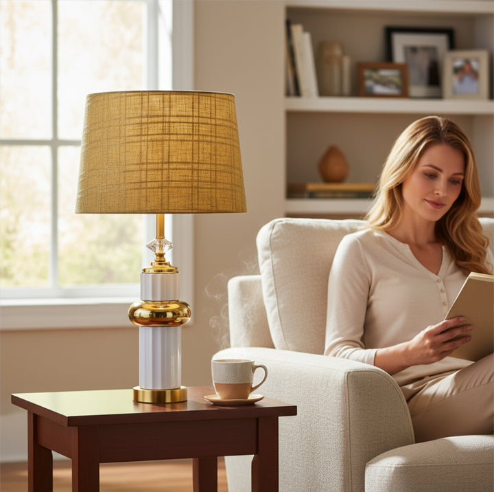 White & Gold Column Ceramic Lamp