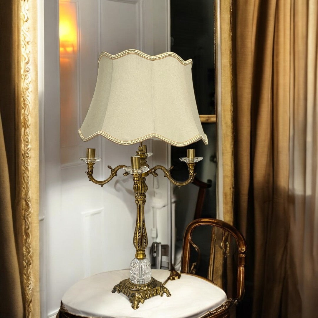 Vintage Heavy Brass & Crystal Lotus Side Table Lamp