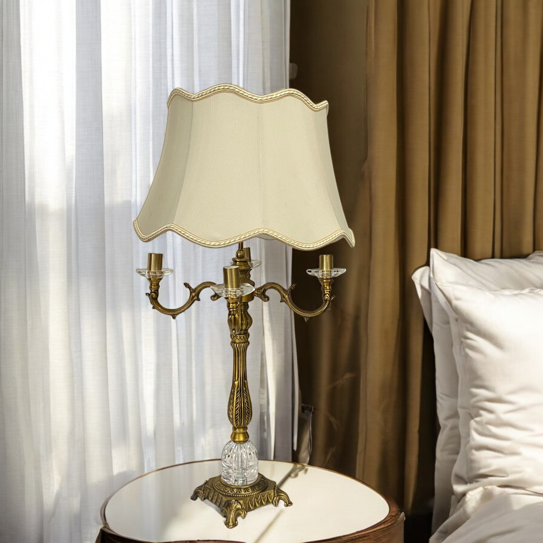 Vintage Heavy Brass & Crystal Lotus Side Table Lamp