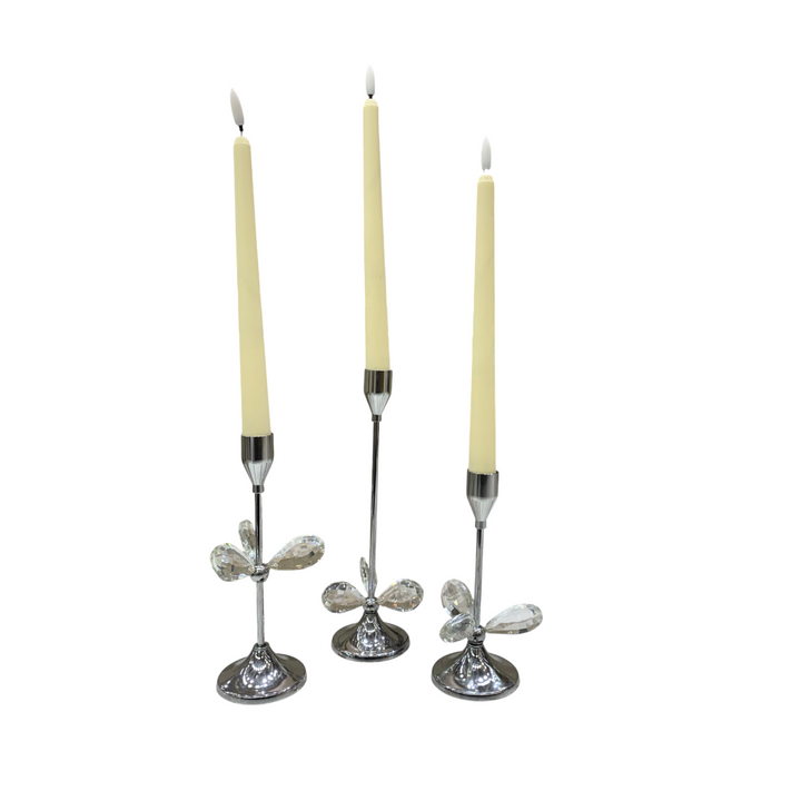 Metallic Silver Crystal Candle Stands Set
