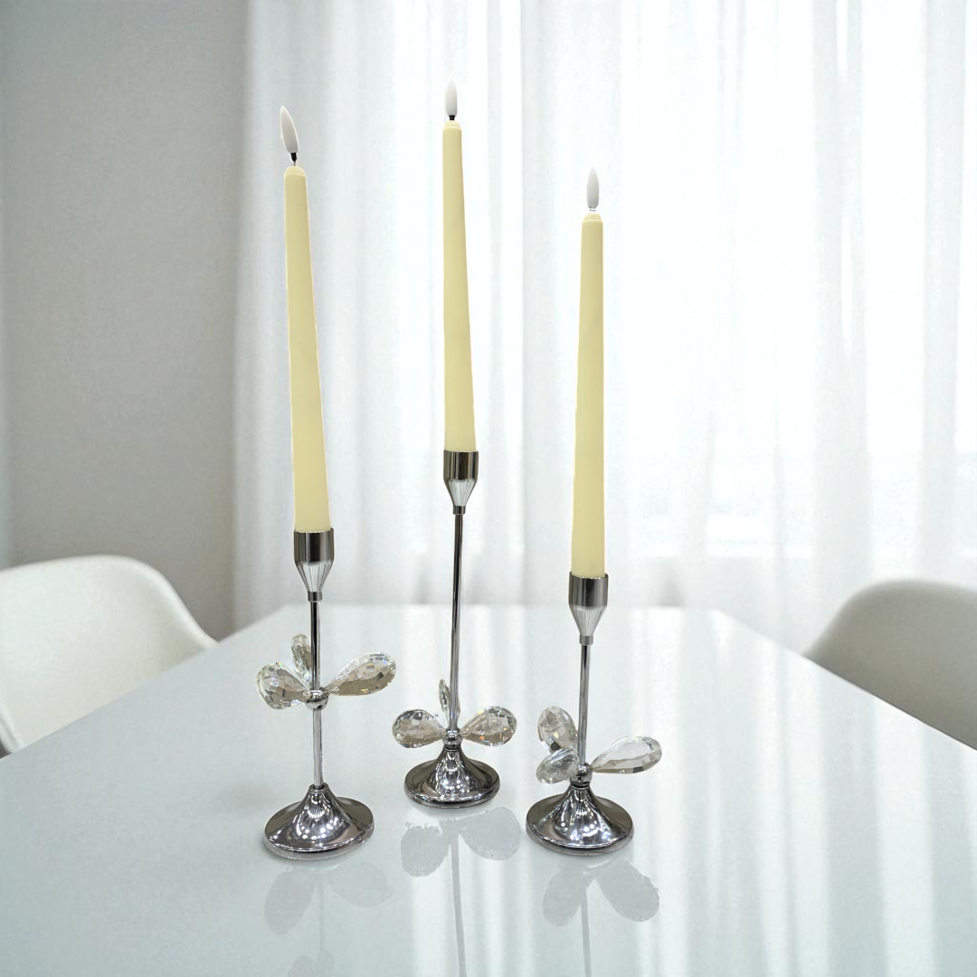 Metallic Silver Crystal Candle Stands Set