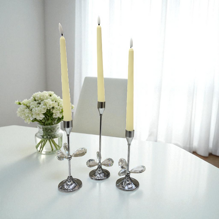 Metallic Silver Crystal Candle Stands Set