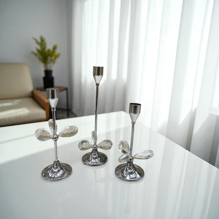 Metallic Silver Crystal Candle Stands Set