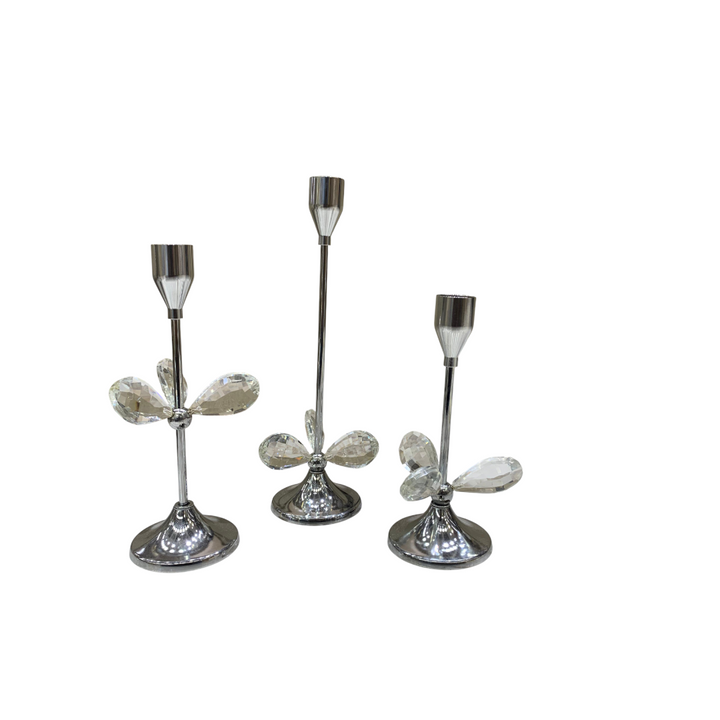 Metallic Silver Crystal Candle Stands Set