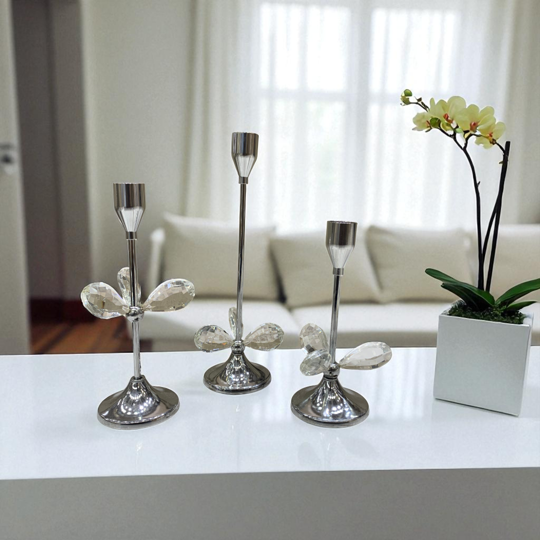 Metallic Silver Crystal Candle Stands Set