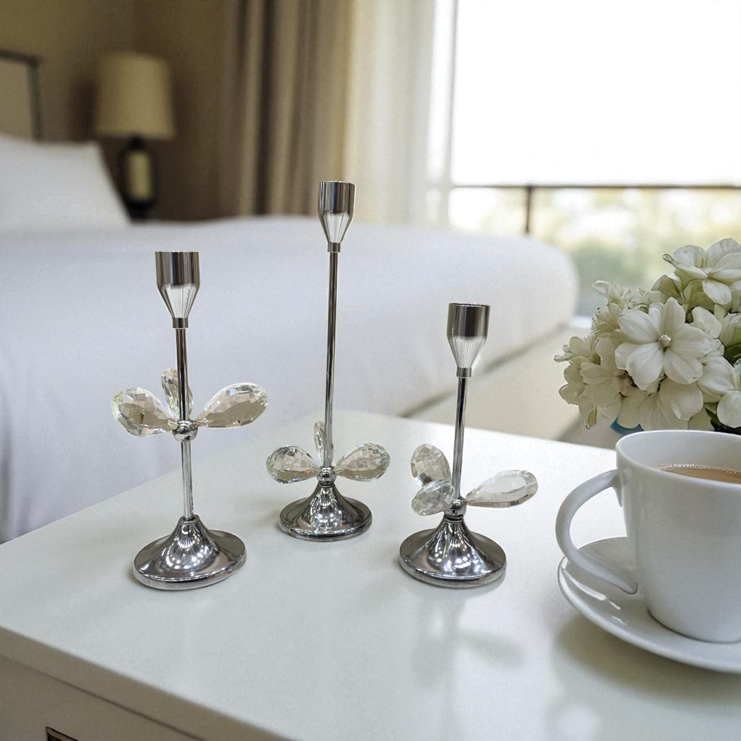 Metallic Silver Crystal Candle Stands Set