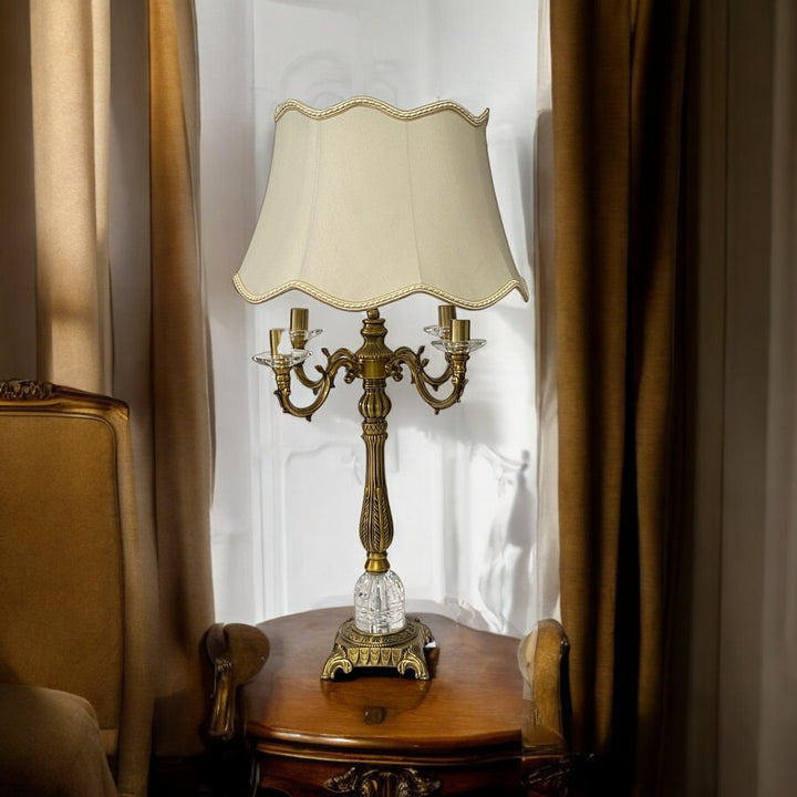 Vintage Heavy Brass & Crystal Lotus Side Table Lamp