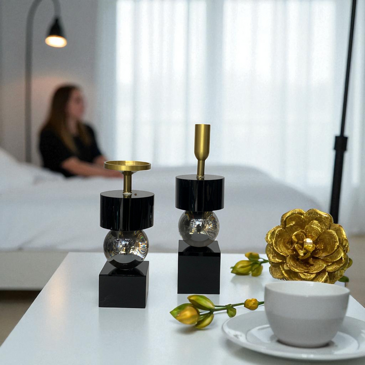Midnight Luxe Heavy Crystal Candle Holder Set