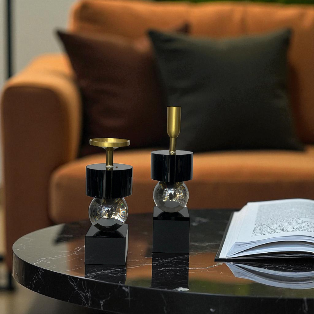 Midnight Luxe Heavy Crystal Candle Holder Set