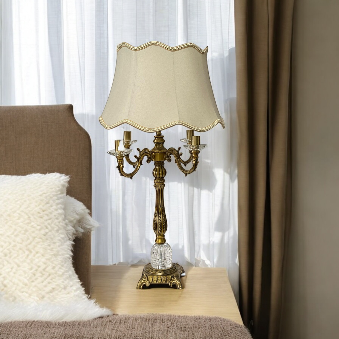 Vintage Heavy Brass & Crystal Lotus Side Table Lamp