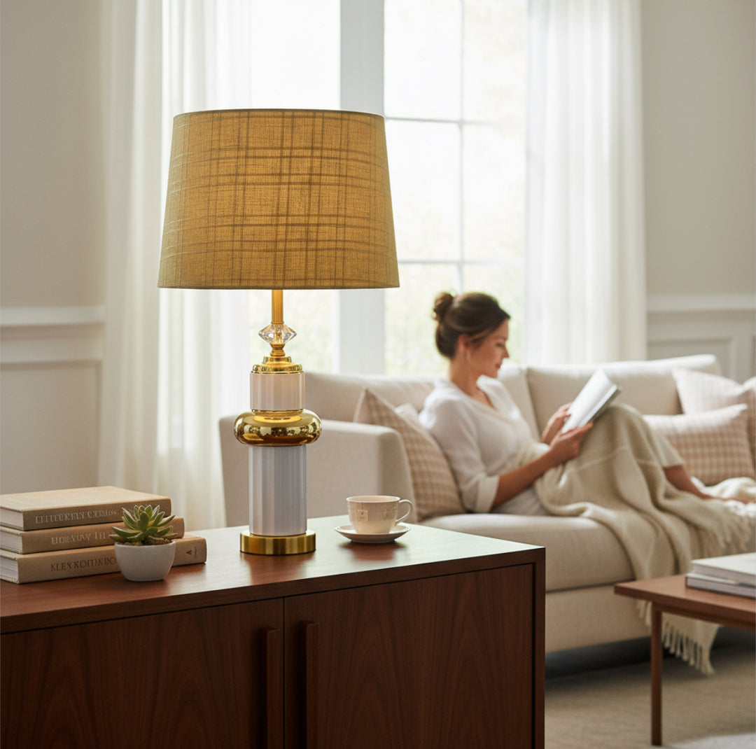 White & Gold Column Ceramic Lamp