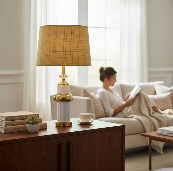 White & Gold Column Ceramic Lamp