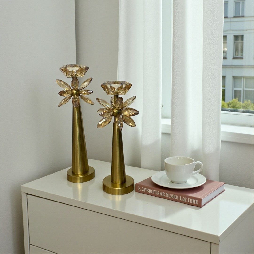 Vintage Brass Lotus Crystal Candle Holders