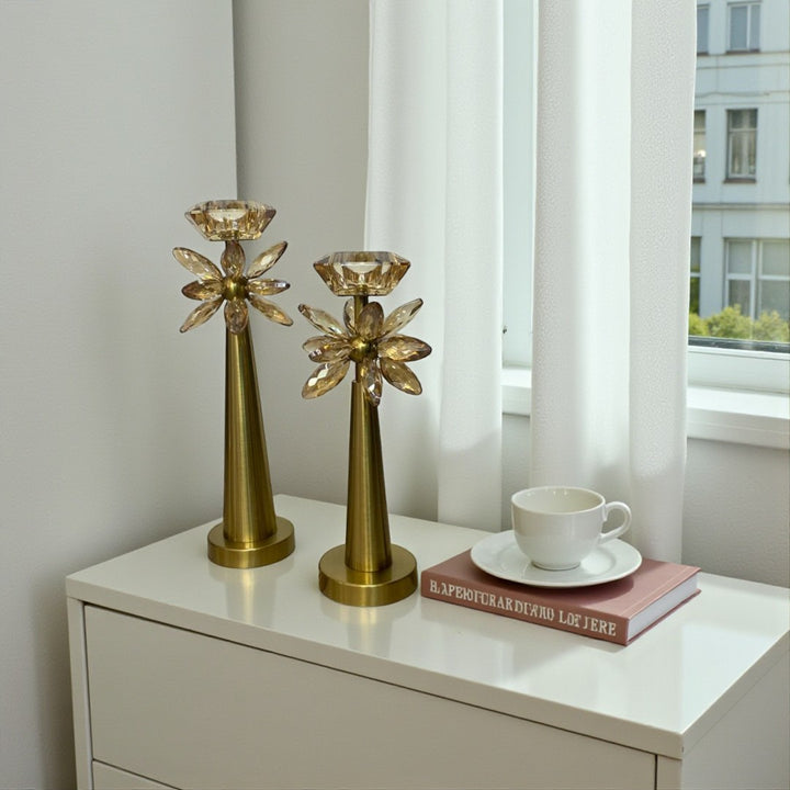 Vintage Brass Lotus Crystal Candle Holders