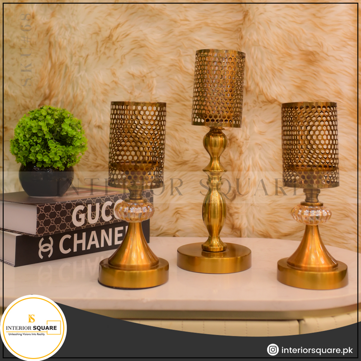 Cage style Golden Candle Stand set