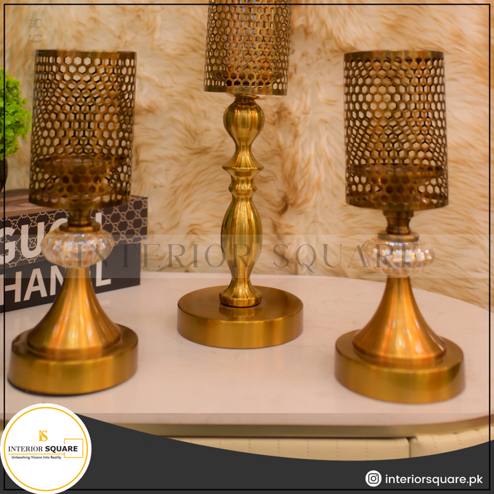Cage style Golden Candle Stand set