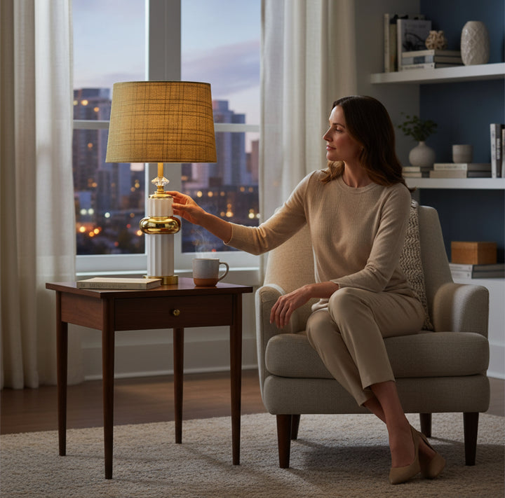 White & Gold Column Ceramic Lamp