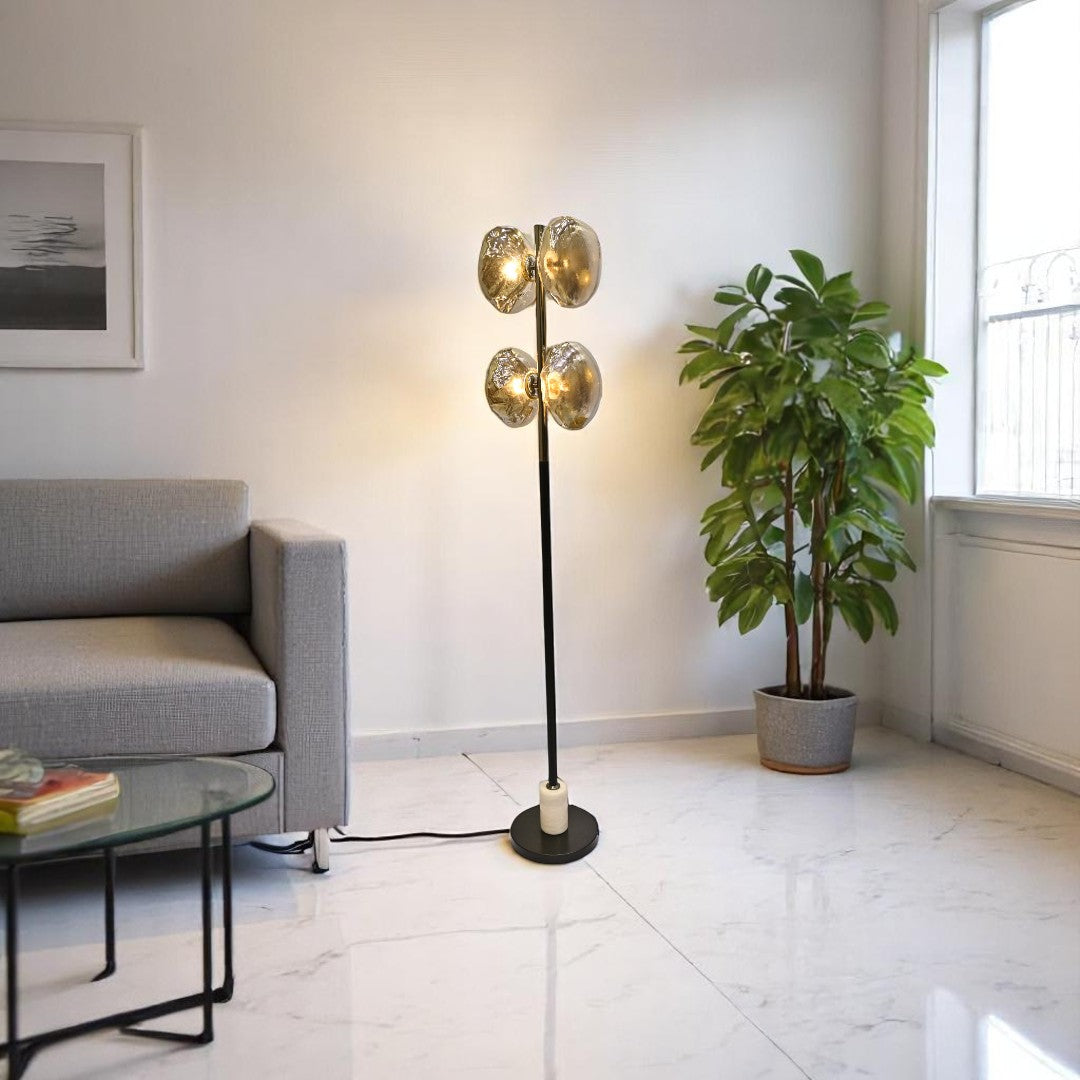 Midnight Halo – Black Crystal Bowl Floor Lamp