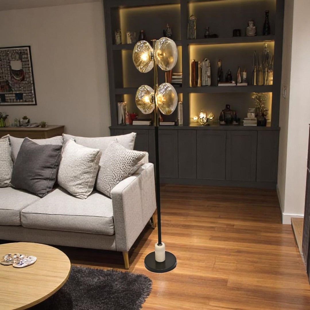 Midnight Halo – Black Crystal Bowl Floor Lamp