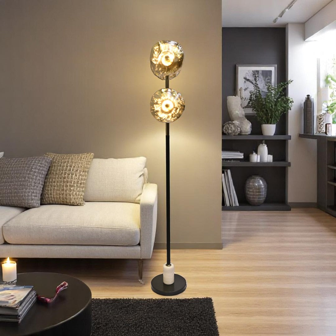 Midnight Halo – Black Crystal Bowl Floor Lamp