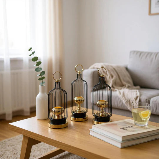 Golden Cage Lantern Candle Holders