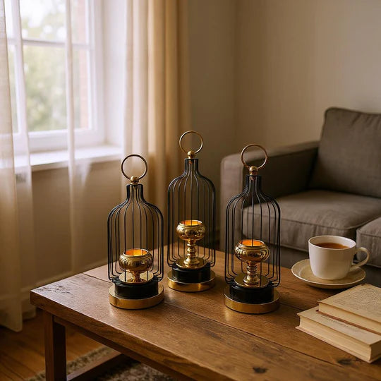 Golden Cage Lantern Candle Holders