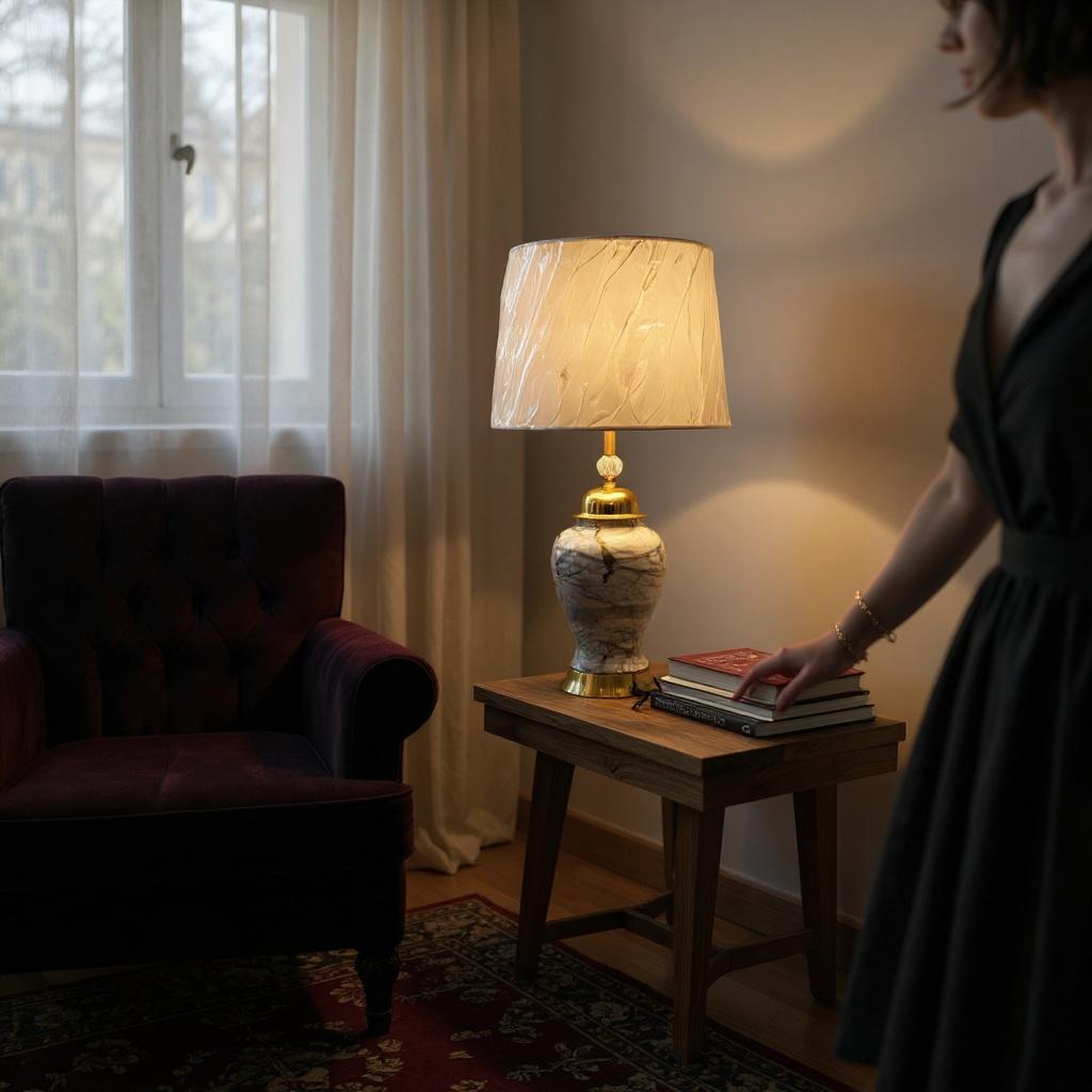 Marble Textured Elegance Ceramic Gold-Base Table Lamp