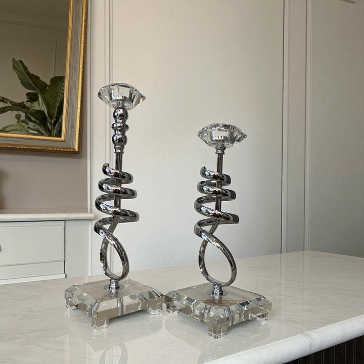 Modern Crystal & Chrome Spiral Candle Holders