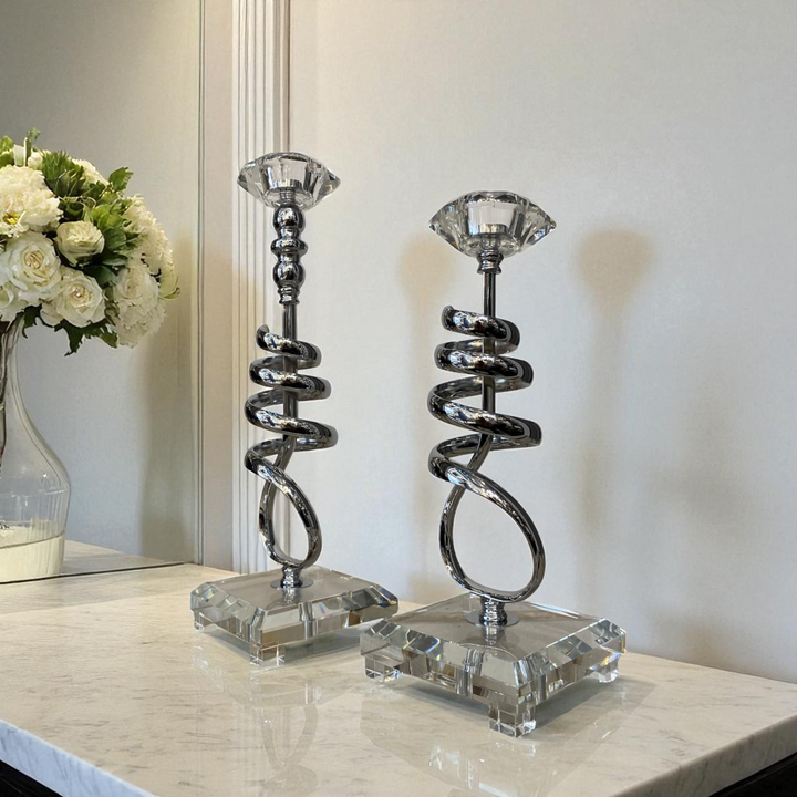 Modern Crystal & Chrome Spiral Candle Holders