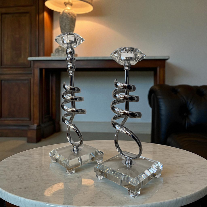 Modern Crystal & Chrome Spiral Candle Holders