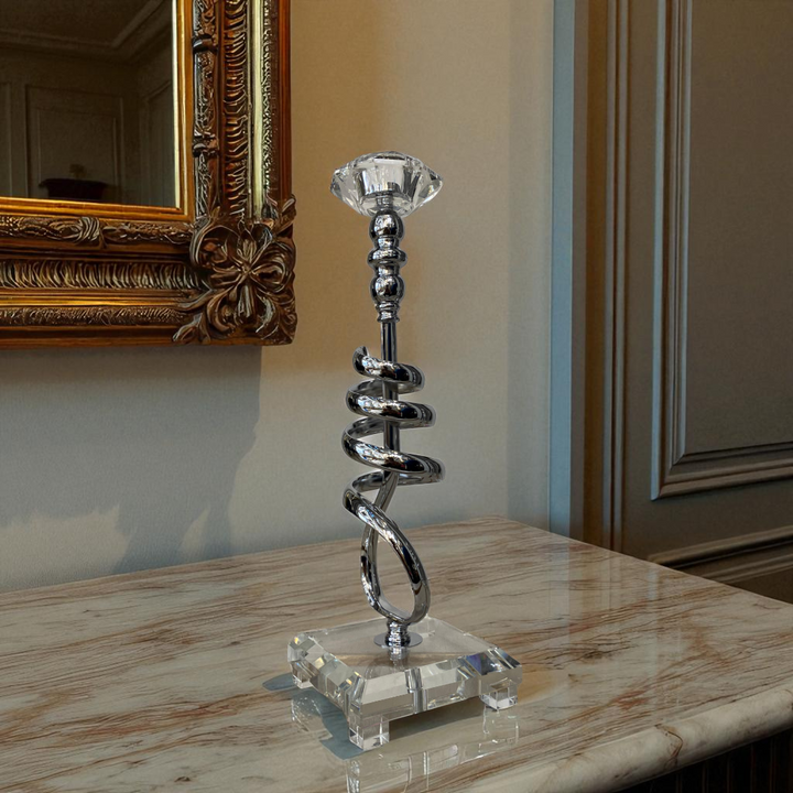 Modern Crystal & Chrome Spiral Candle Holders
