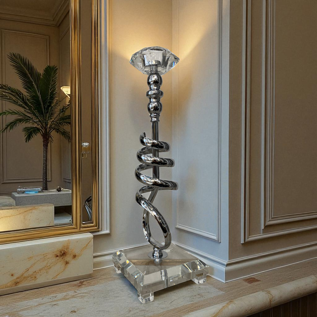 Modern Crystal & Chrome Spiral Candle Holders