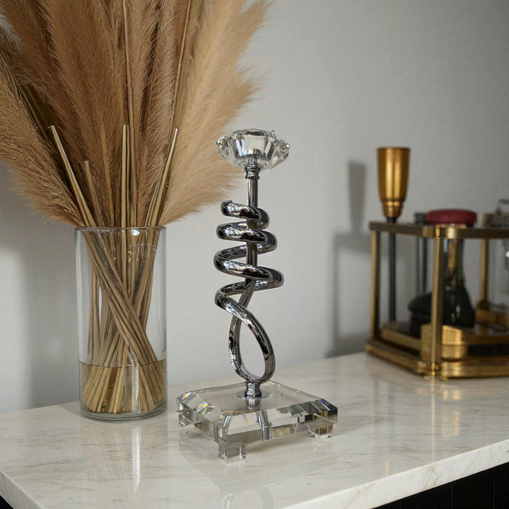 Modern Crystal & Chrome Spiral Candle Holders