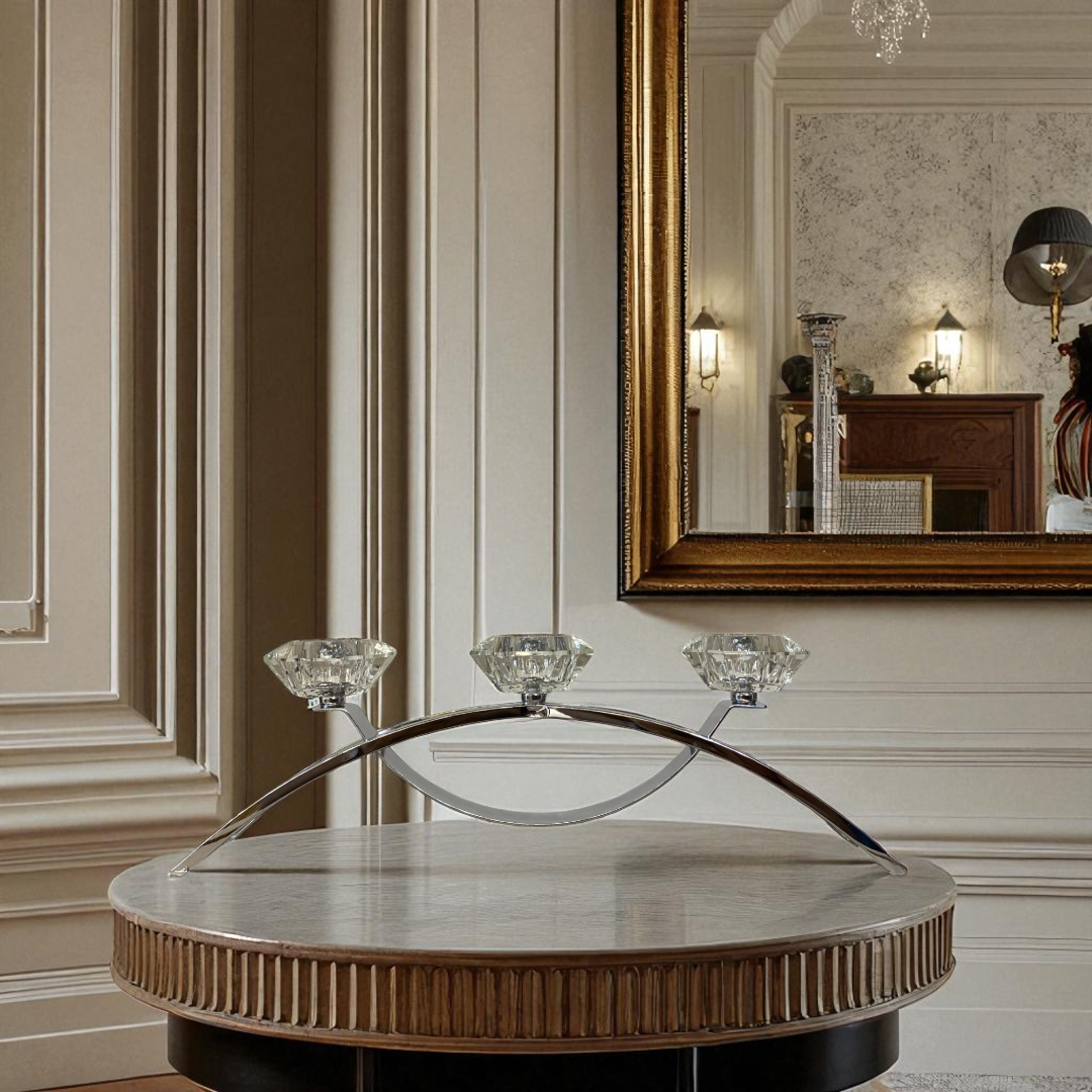 Modern Silver Candle Holder with Crystal Flower