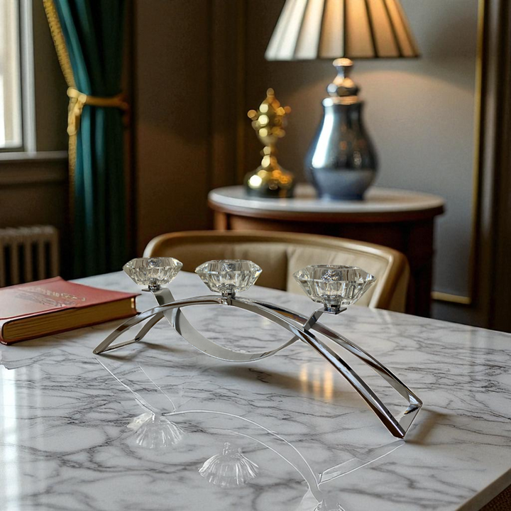 Modern Silver Candle Holder with Crystal Flower