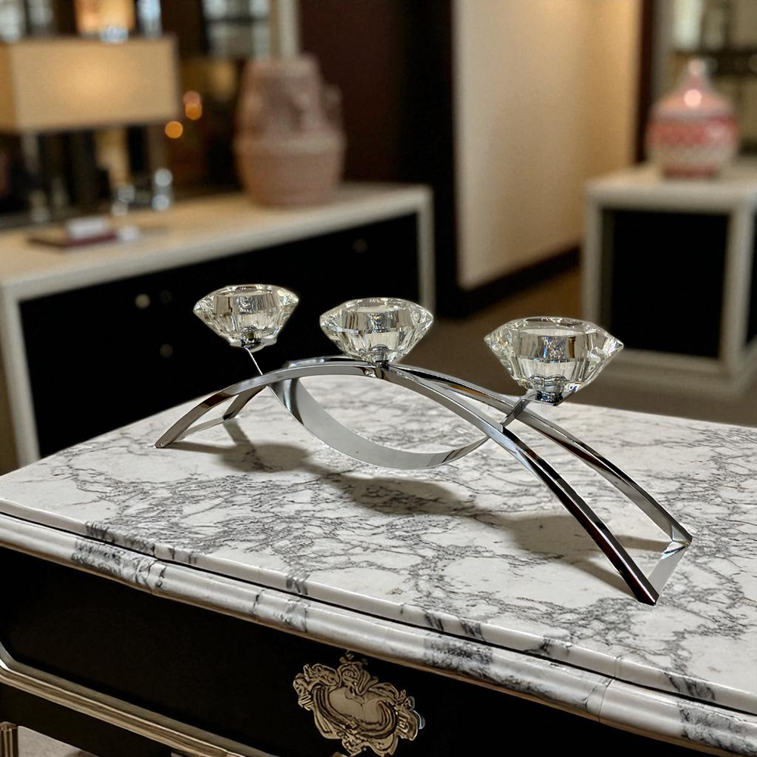 Modern Silver Candle Holder with Crystal Flower