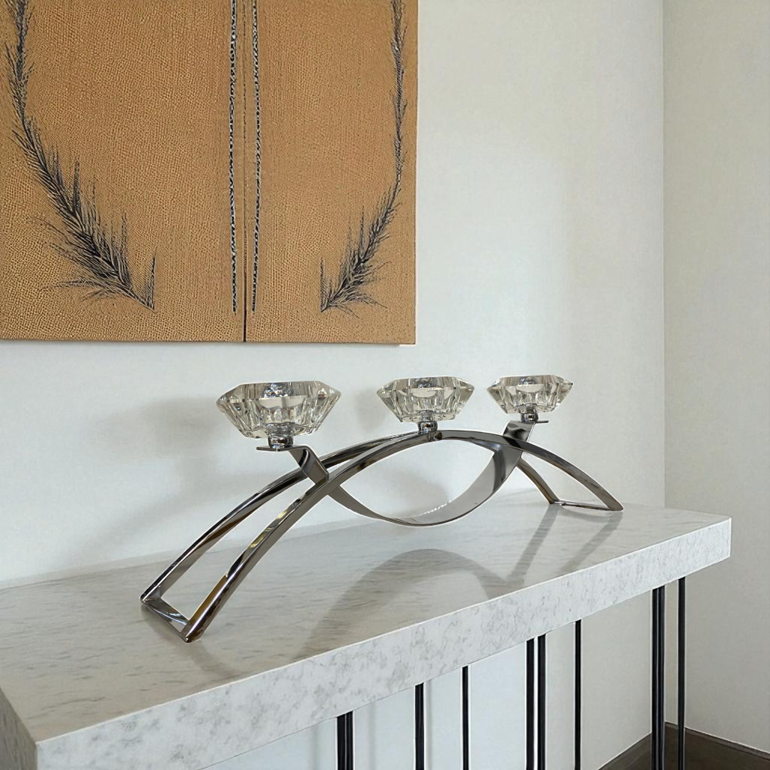 Modern Silver Candle Holder with Crystal Flower