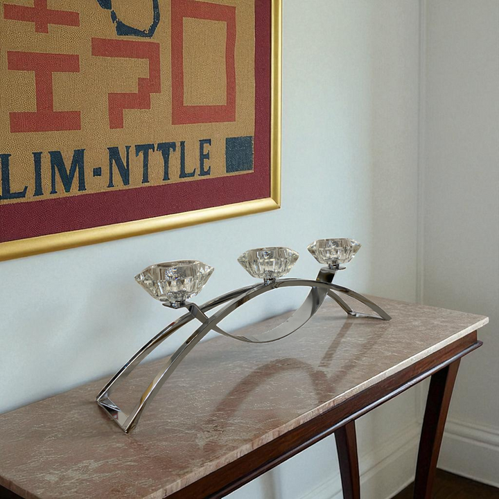 Modern Silver Candle Holder with Crystal Flower