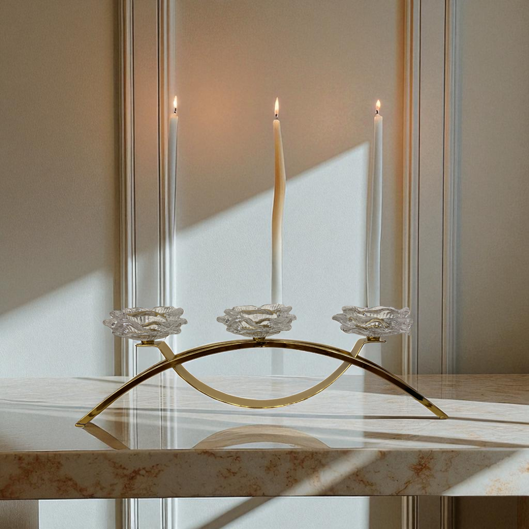 Modern Gold Candle Holder with Crystal Flowers