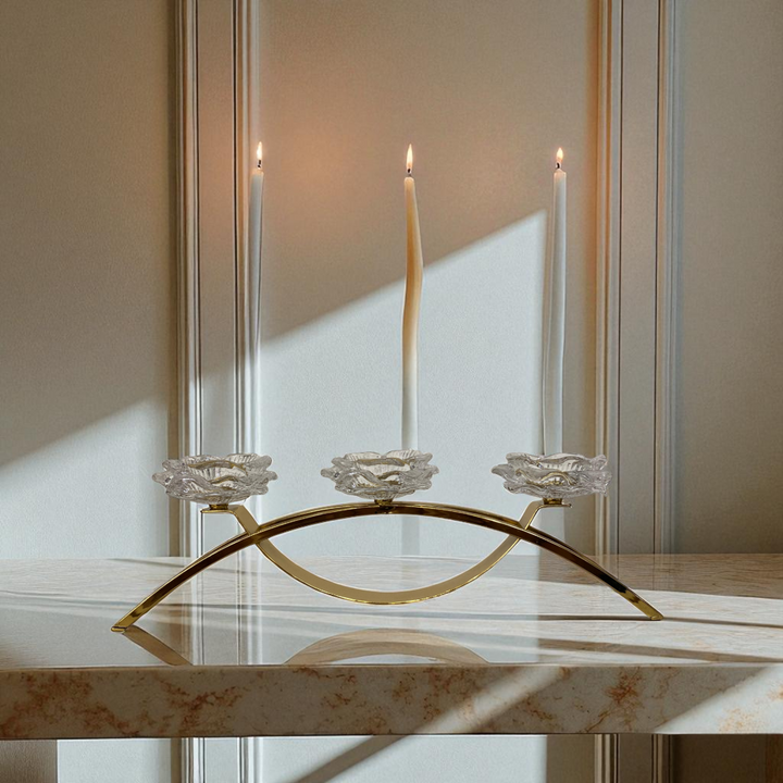 Modern Gold Candle Holder with Crystal Flowers
