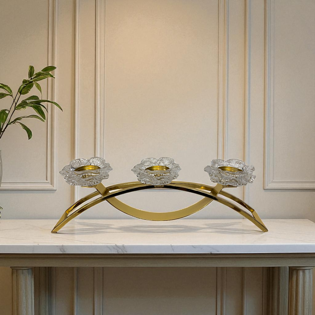 Modern Gold Candle Holder with Crystal Flowers