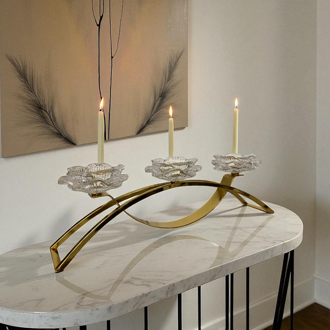 Modern Gold Candle Holder with Crystal Flowers