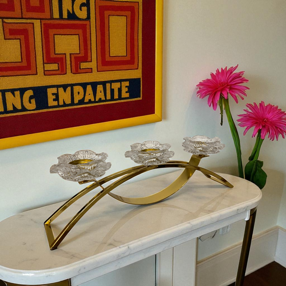 Modern Gold Candle Holder with Crystal Flowers