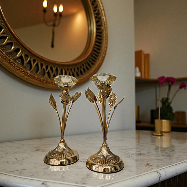 Golden Floral Crystal Candle Holders