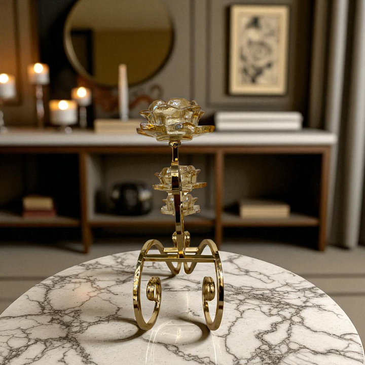 Luxury Triple Gold Scroll Candle Holder Crystal Flower