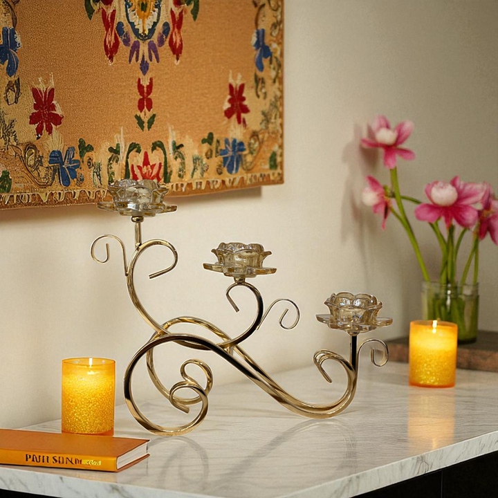 Luxury Triple Gold Scroll Candle Holder Crystal Flower