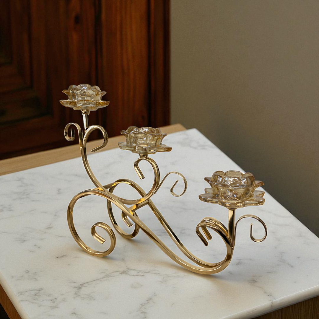 Luxury Triple Gold Scroll Candle Holder Crystal Flower