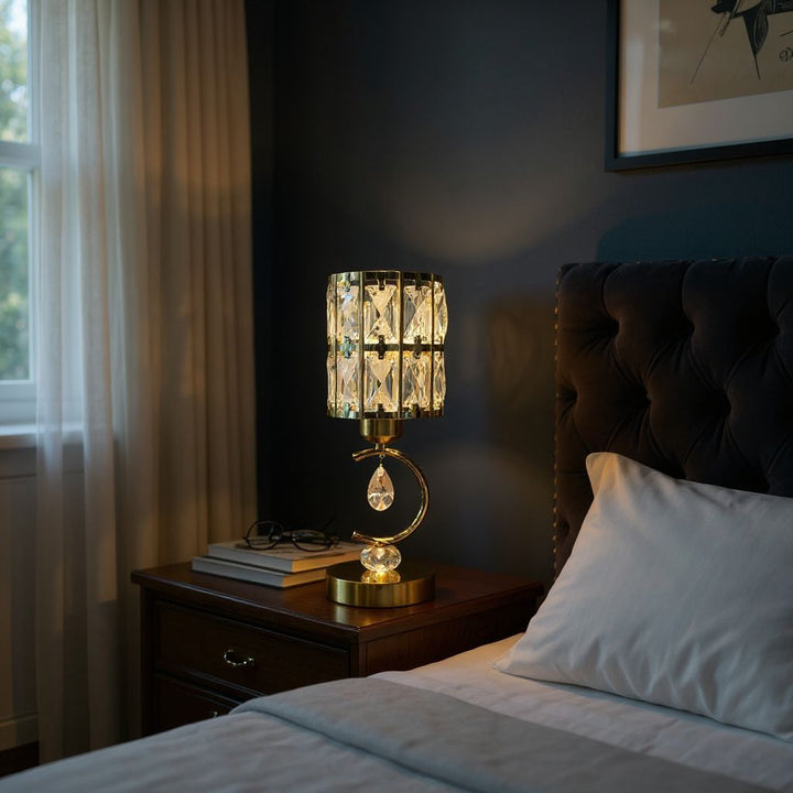 Modern Metallic LED Side Table Lamp with Crystal Accents