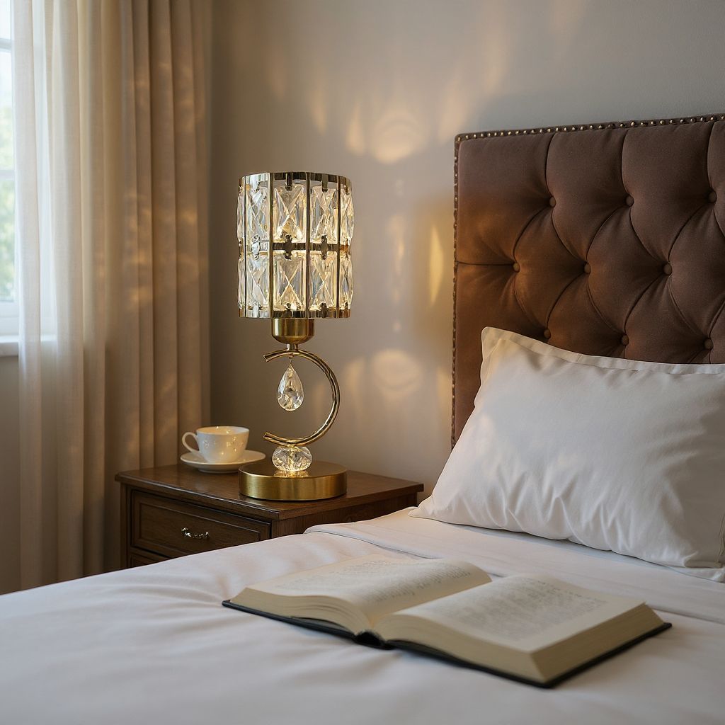 Modern Metallic LED Side Table Lamp with Crystal Accents