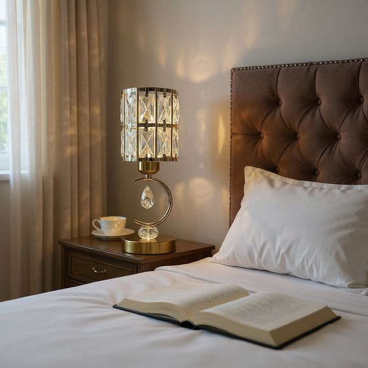 Modern Metallic LED Side Table Lamp with Crystal Accents